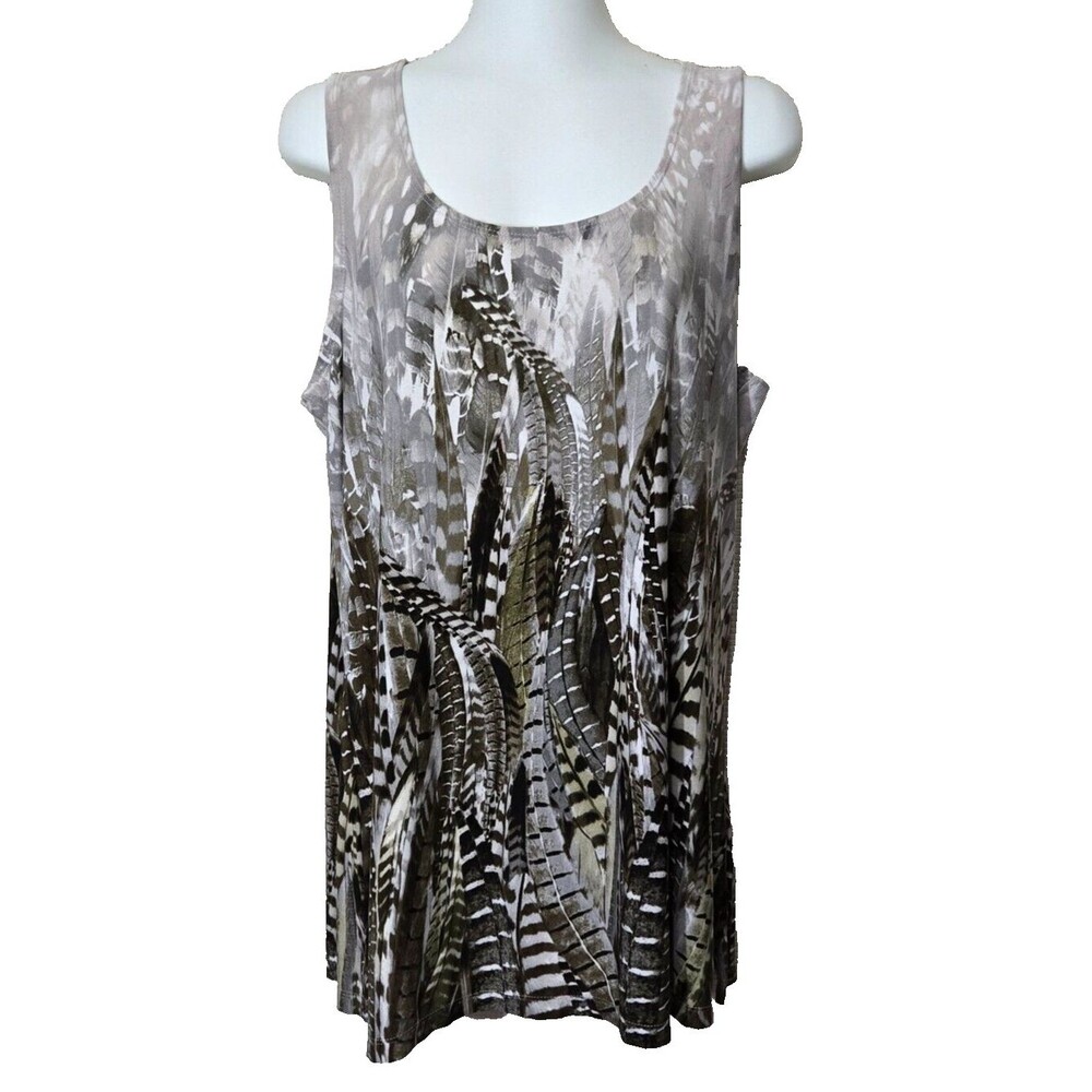 Susan Graver Top Womens Large Tunic Tank Feather Print Brown Liquid Knit Artsy